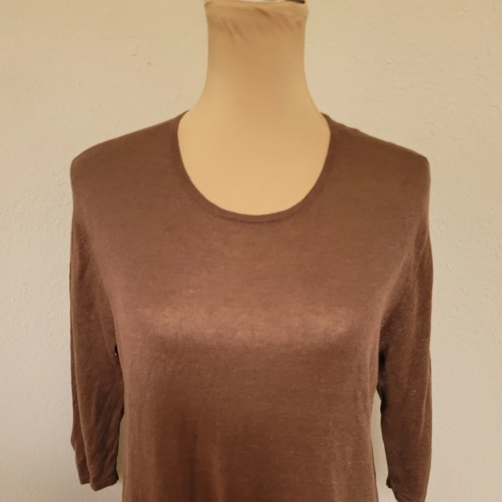 J. Jill Linen Blend Brown Round Neck High Side Slits Knit Tunic Top